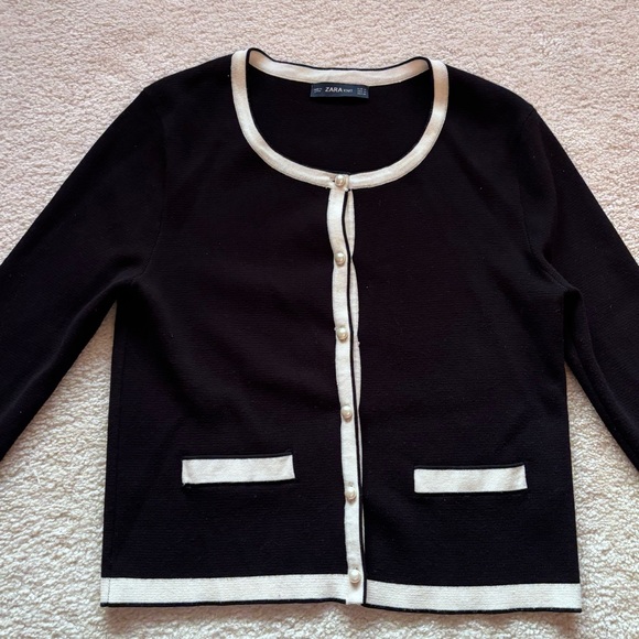 Zara Black Cardigan with Cream Contrast Trim Pearl Button M - Picture 3 of 6